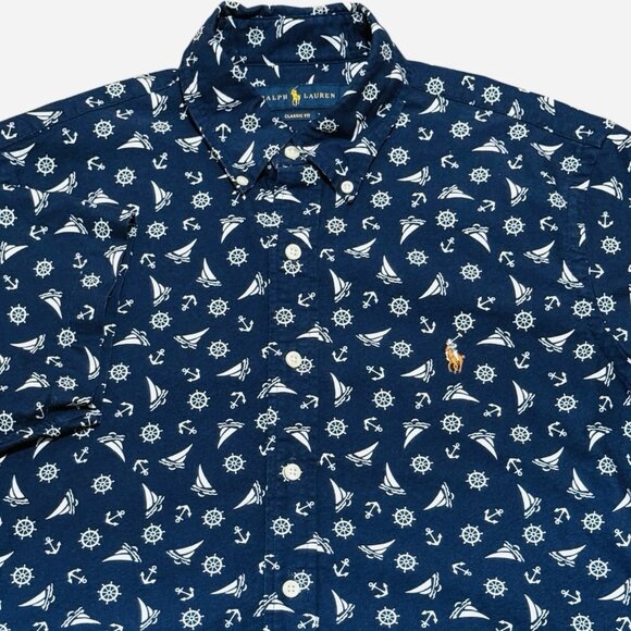Ralph Lauren Nautical Blue Short Sleeve Button Down Flesh Pony Shirt Mens Medium - Picture 5 of 12